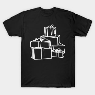 White Line Drawing Pile of Wrapped Christmas Gift Boxes T-Shirt